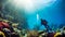 Ocean coral reef underwater with diver beautiful fishes and sun rays