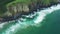 Ocean, countryside and island cliff on drone or environment travel, nature beach or tropical paradise. Sea, mountain and