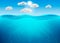 Ocean deep water, sea under water level, sun rays blue wave horizon. Vector illustration