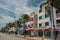 Ocean drive. The city of Miami. Miami beach street. Art deco historic district. Hotels line in the resort town.