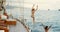 Ocean, friends and women jump off yacht for vacation in Greece, travel adventure and summer cruise on water. Sailing