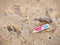 Ocean garbage - plastic toothpaste tube Colgate brand washed up on a sandy beach