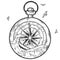 Ocean graphic raster illustration with compass, waves. Travel, outdoor, adventure, explore symbol.