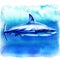 Ocean great white shark in the deep blue water, side view, big fish predator, hand drawn watercolor illustration on