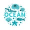 Ocean hand drawn illustration. Round cartoon clipart of ocean animal, sea plants. Childish poster, t shirt print, cover design.