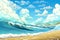 ocean and huge bright blue sky filled with puffy white cumulous clouds background