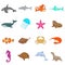 Ocean inhabitants icons set, cartoon style