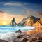 Ocean Landscape at Sundown time, beautiful rocks and stones beach