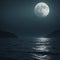 The ocean lies beneath the enchanting radiance of a complete and gleaming moon.