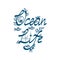 Ocean life - hand-drawn lettering with nautical elements in Scandinavian style. Seashell, seaweed, starfish and fish