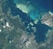 Ocean, nature and aerial of earth for map with city landscape, environment and coast line. Geography, planet and