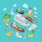 Ocean nautical water transport logistics flat isometric vector