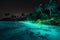 ocean palm vacation tropical sky beach luminous tree blue paradise night. Generative AI.