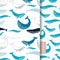 Ocean Patterns With Blue Whale On White Background.