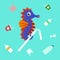 ocean plastic pollution concept. sea horse holding plastic garbage.