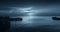 Ocean port in full moon blue night aerial view. Fishing boat silhouette on moonlight sky background.