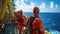 Ocean rig workers on water rig wearing helmets for protection. AIG41