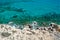 Ocean rocks aerial top view amazing nature background. Azure beach with rocky mountains and clear water of Cyprus