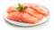 Ocean\\\'s Finest: Closeup of Salmon Sashimi Isolated on White Background