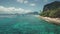 Ocean sand coast with vessels aerial timelapse. Boats and ship at water. People rest on sandy beach