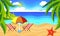 Ocean sandy beach with beach loungers and an umbrella for travelers
