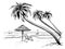 Ocean or sea beach with palms, umbrella, chaise longue and yachts. Hand drawn seaside view.