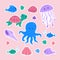 Ocean or sea cute baby animals sticker collection on pink background