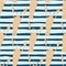 Ocean seamless food pattern with lobster light orange shapes. Marine animal ornament on blue striped background