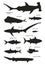 Ocean sharks with names. Vector black silhouette image