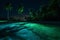 ocean sky blue paradise vacation luminous tropical tree palm beach night. Generative AI.