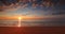 Ocean sunrise with dramatic sky clouds and golden sun rays over island beach