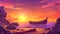 An ocean sunrise landscape with a wooden boat and a rising sun on the horizon at morning. Modern parallax background