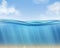 Ocean surface. Underwater blue water ocean, suns rays and seabed. Clouds, sea waves horizontal panorama. Isolated