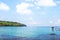 Ocean view crystal clear water from Haad Sai Daeng Beach which has wooden bridge for transfer tourists on Koh Kood island, Trat