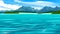 Ocean view of the waterline. Seashore with mountains, jungles and beaches. Horizon. Blue water surface, calm azure waves. Vector