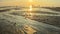 Ocean water shining in golden evening light. Anamorphic lense footage of tropical sunset on a shallow beach at low tide