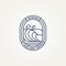 ocean wave minimalist badge line art logo template vector illustration design. simple modern surfer, resort hotels, holiday emblem