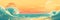 Ocean waves, starfish on shore, large sun setting, vibrant illustration background banner. Panoramic web header. Wide