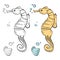 Ocean wild life coloring. Hand drawn sea horse and shell