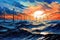 Ocean Wind Farm Painting: Sunset & Seagulls, generative ai