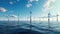 Ocean Wind Farm. Windmill farm in the ocean. Offshore wind turbines in the sea. Wind turbine from aerial view