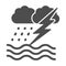 Ocean windstorm with rain and lightning solid icon, nautical concept, ocean storm sign on white background, waves