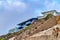 Oceanfront houses on the coast of San Diego California with overcast blue sky