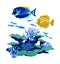 Oceanic coral reef, blue and yellow fishes, tropical seaweed, corals, under sea theme, set of elements for marine design