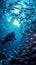 Oceanic dance, scuba divers journey, fishes swirl, underwater magic
