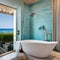 Oceanic Retreat: A spa-inspired bathroom with turquoise tiles, seashell mosaic accents, and a freestanding bathtub, creating a s