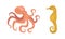 Oceanic and sea animals set. Octopus and seahorse marine inhabitants cartoon vector illustration