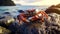 Oceanic Serenity: Captivating Crab on Rocky Perch Amidst Tides.