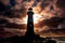 Oceans guiding light Silhouetted lighthouse stands strong by the sea