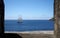 Oceanview from the Fort of Sao Sebastiao, through the port in the fortifications wall, Angra do Heroismo, Portugal